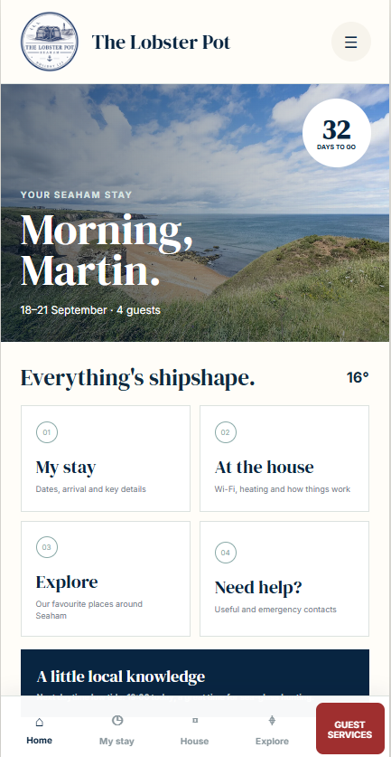 The Lobster Pot guest app screen 1